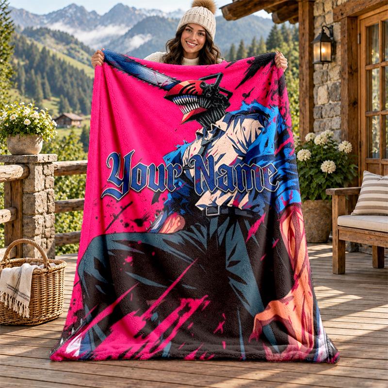 Coperta in Flanella con Nome Personalizzato Chainsaw Man Morbida Calda Coperta Plaid in Peluche Regalo Personalizzato per Famiglia Amici
