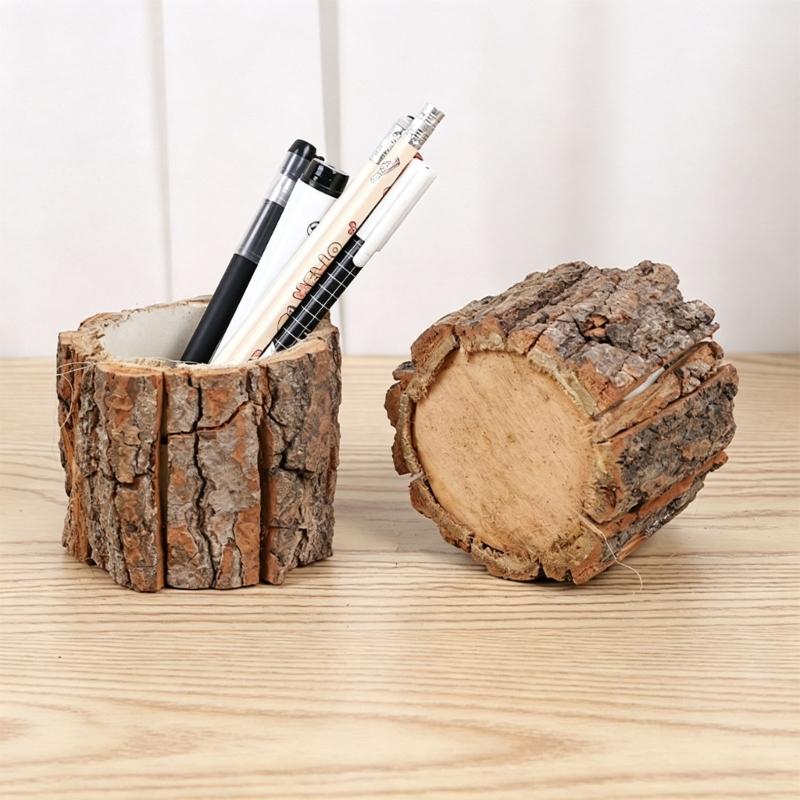 Wood Pencil Cup 4.7X3.9Inch Desktop Pencil Organiser Caddy for Markers, Scissors, and Small Tools, Natural Texture Container for Small Arrangement
