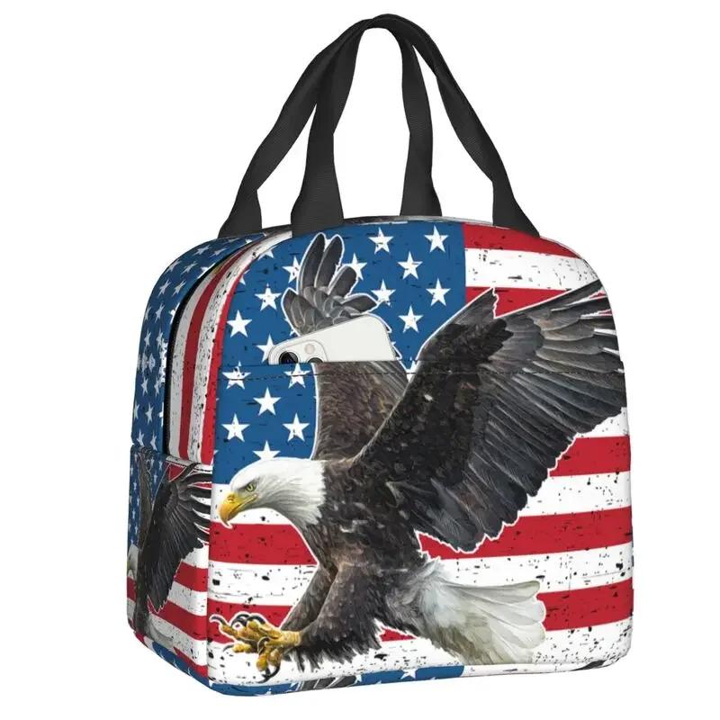 Freedom Patriotic Bald Eagle American Flag Thermal Insulated Lunch Bags USA Flag Portable Lunch Container for School Food Box