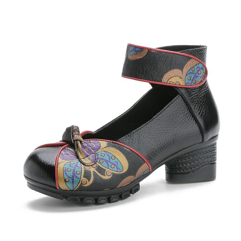 Spring New Top Layer Cowhide Low Heel Soft Sole Shoes for Women's Shoes for Ethnic Style Genuine Leather Printed Single Shoes