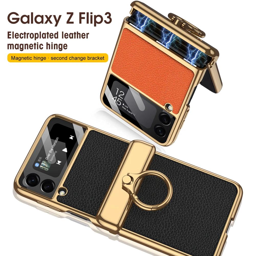Pro Samsung Galaxy Z Flip 3 4 5 6 Pouzdro Ultratenká Ochrana Obrazovky Coque Fundas Luxusní Kůže s Kroužkem Pokovení Magnetický Kryt