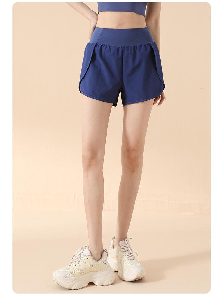 Damen Sportshorts mit hohem Bund: Fake Zweiteiler, Anti-Exposition, Lockere Passform, Seitentasche, Hüfthebung, Für Laufen & Yoga