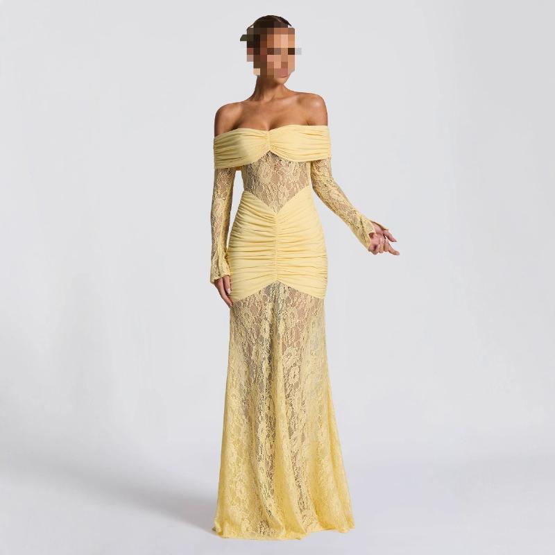 European and American Autumn Temperament Perspective Lace Long Fashion Sexy Sleeveless Backless Slim Fit Dress