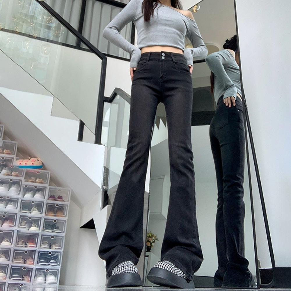 Commuting high-waisted and slightly pulled jeans women's spring and autumn new double-buckle thin pear-shaped figure micro-flared jeans