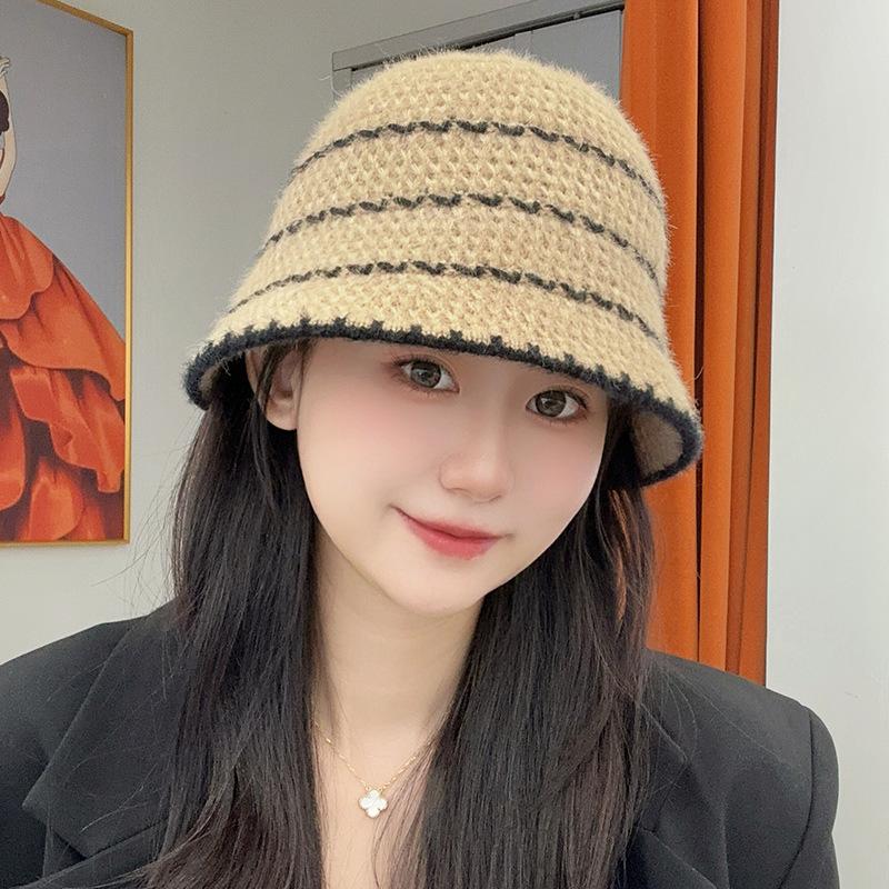 Female Striped Color blocking Fisherman Hat Showing Face Small and Versatile Simple Casual Bucket Hat Fashionable Basin Hat