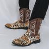 Fashion Designer Men's Retro Western Cowboy Boots Mens Leopard Patchwork Embroidery Mid-calf Leather Boot Designer Casual Shoes