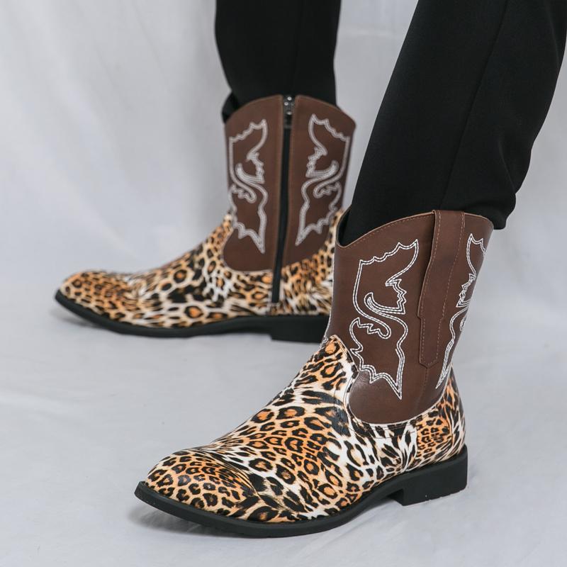 Fashion Designer Men's Retro Western Cowboy Boots Mens Leopard Patchwork Embroidery Mid-calf Leather Boot Designer Casual Shoes