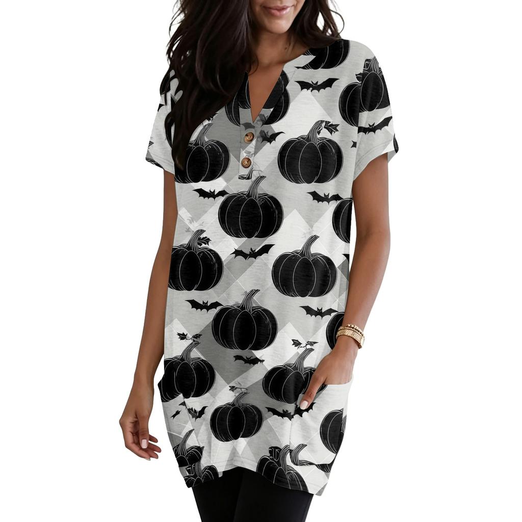 Women V Neck Halloween Print Short Sleeve Pullover Top with Pocket Loose Fit Web Pumpkin Design Tunic Shirt Blouse