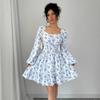 2026 Autumn Evening Party Festival Dresses Elegant Puff Sleeve Backless Flower Print Sexy Back Bow Bodycon Mini Prom Dress Women