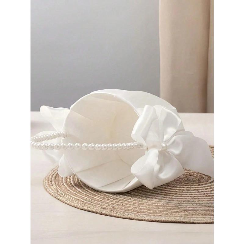 1PC Bow Faux Pearl Wedding Flower Basket - White Bow Flower Basket, Satin Flower Basket, Suitable For Wedding Party Decoration