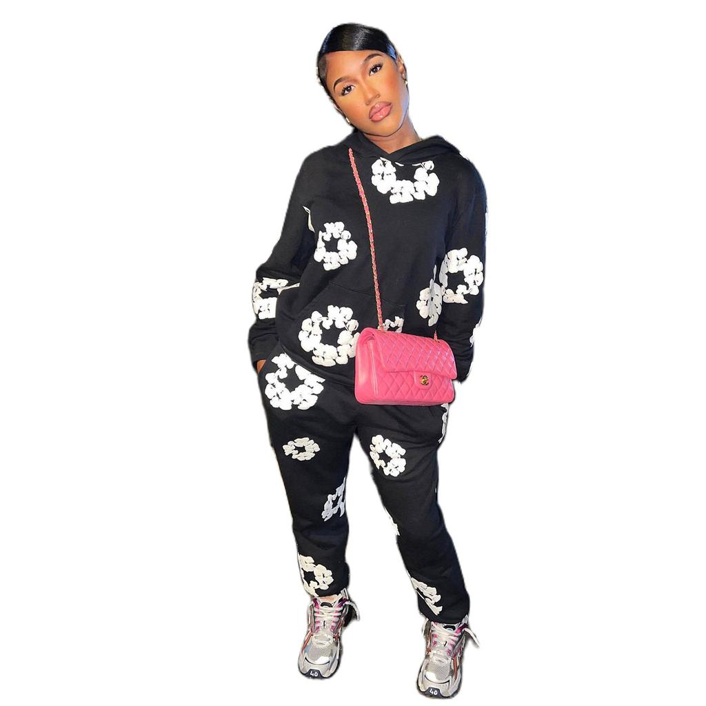 Women Men 2 Piece Tracksuits Floral Print Hoodie Sweatshirt and Elastic Pants for Activewear Workout Outfits Set