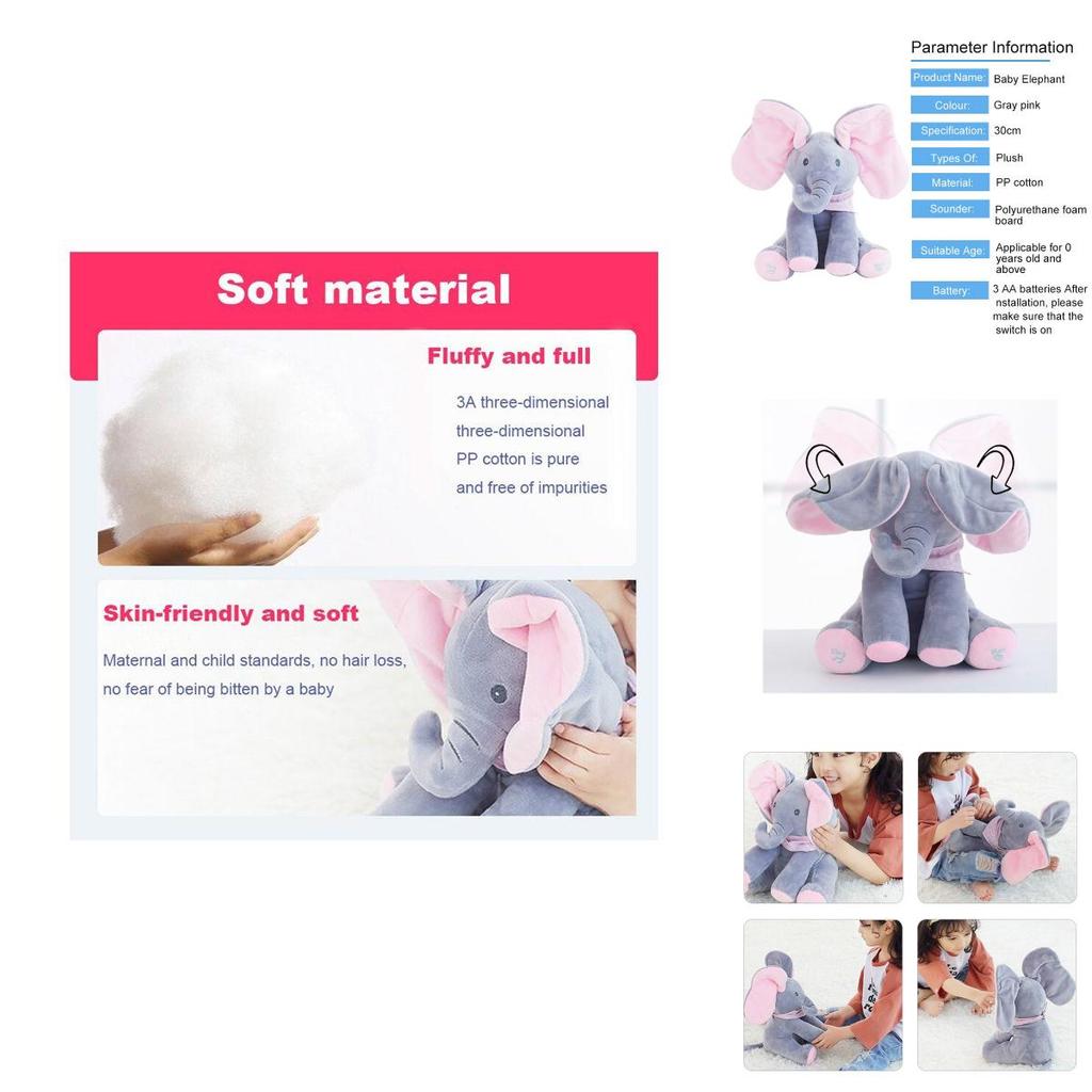 Entzückendes Kuckuck-Elefanten-Singendes Baby-Plüschtier für Kinder in Rosa und Grau