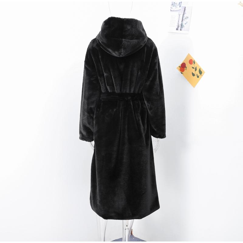 Faux Fur Long Coats Women Hoodies Oversize Long Sleeve Button Lady Elegant Jacket with Belt Winter Warmer Female New Fashion