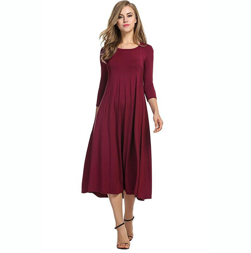 Round Neck Mid-sleeve Solid Color Swing Dress Fashion Temperament Elegant Women's Clothing