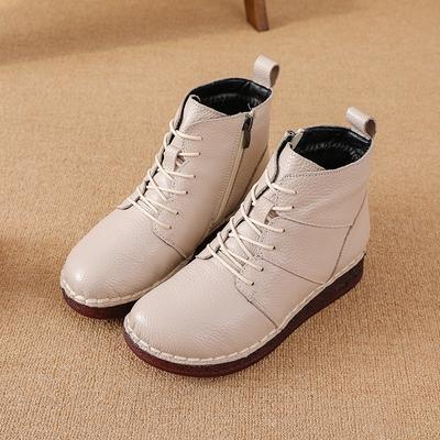 Retro Genuine Leather Ankle Boots Women's Winter Warm Plush Lace-Up Snow Booties Flats Fur Side Zip-Up Mom Boots