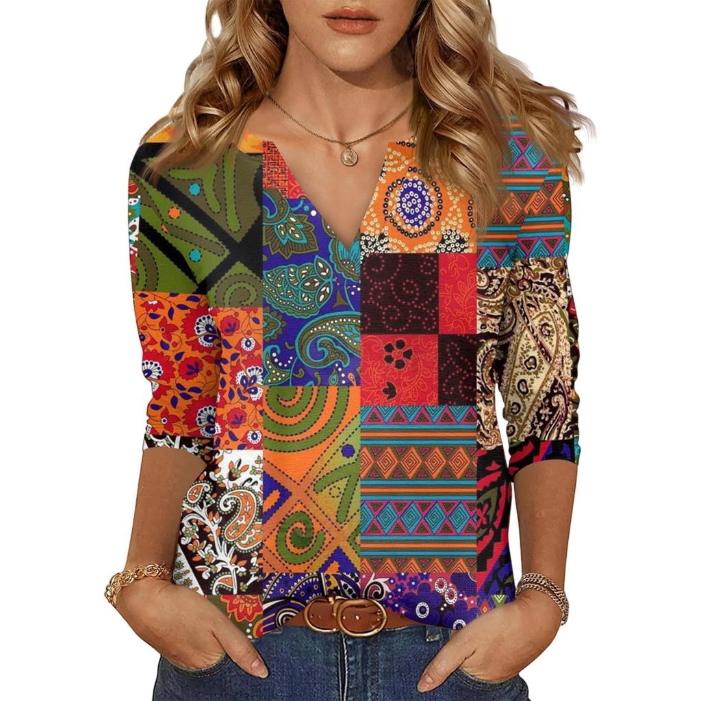 Women's Casual Fashion Sexy Comfortable V-Neck Floral Seven Sleeve Top