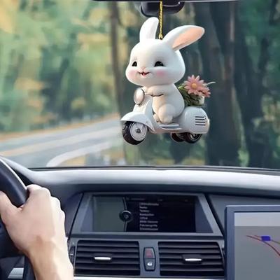 Weihnachtsschmuck mit Hasenmotiv, Christbaumschmuck, kleines Kaninchen-Muster, 2D, flacher dekorativer Anhänger aus Acryl, Innenrückspiegel, Hängeornament