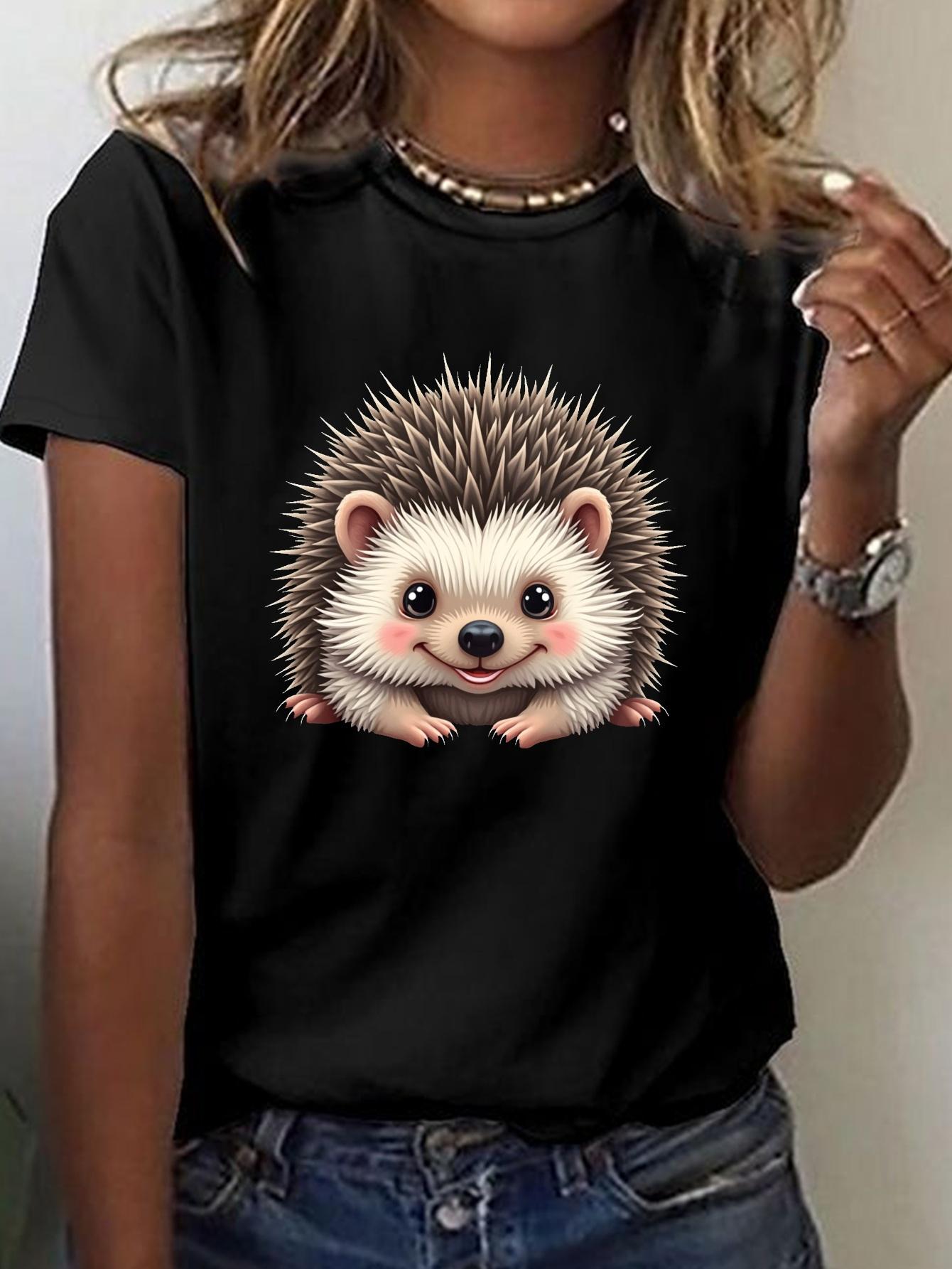 

Camiseta con estampado de erizo bonito para mujerTop informal negro de manga corta con cuello redondo ropa suave y cómoda S