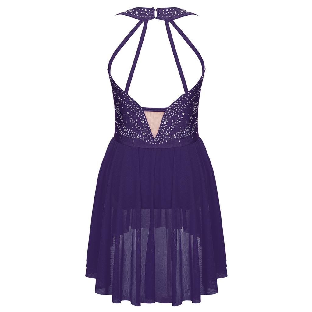 Girls Rhinestone Figure Skating Performance Dress Strappy Back Asymmetrical Hem Sleeveless Sparkling Dance Dresses