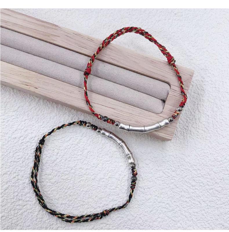 Bamboo Joint Pure Silver 999 Couple Bracelet with Hand-Woven Red Rope - 2025 Commemorative Gift for Couples