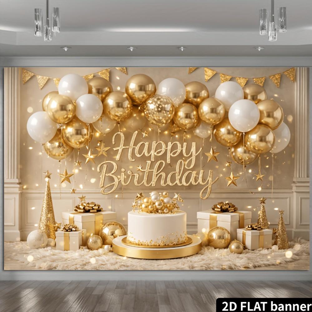 2D planar birthday party banner background - Platinum gold theme birthday with gold and white balloons.PMJ