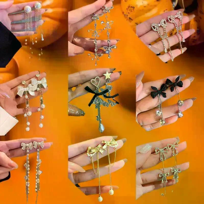 1 Pair Dangle Earrings Bowknot Shape Shining Rhinestones Lady Earrings Heart Imitation Pearls Tassel Jewelry Accessory