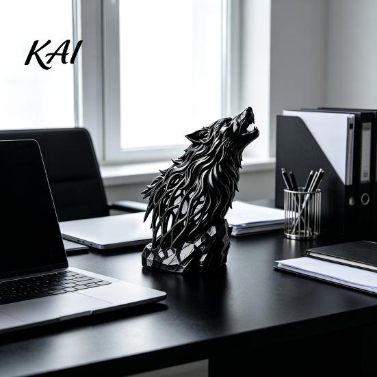 Geometric Wolf Figurine Howl Sculpture, Gothic Wildlife Home Decor, Howling Statue Industrial Style Desk Decor with Rock Base, Rustic Animal