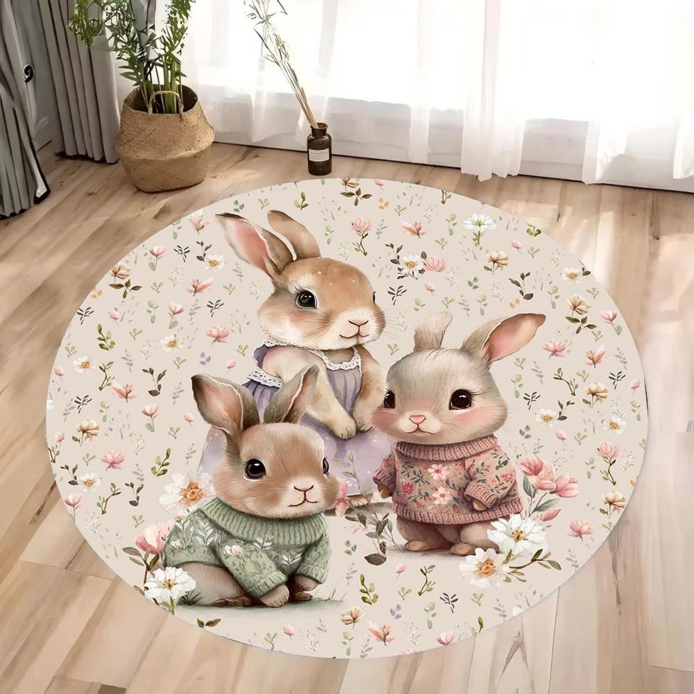 Three Rabbits Round Carpet Easter Flower Rabbit Pattern Non-slip Area Carpet Bedroom and Living Room Carpet Floor Decorative Pad