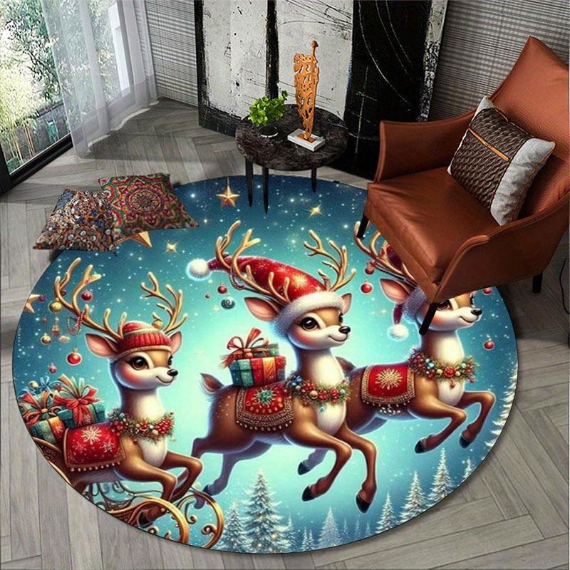 Christmas Reindeer Round Rug, Soft  Non Slip Mat, Anti Wrinkle Holiday Carpet for Living Room, Bedroom, Festive Decor