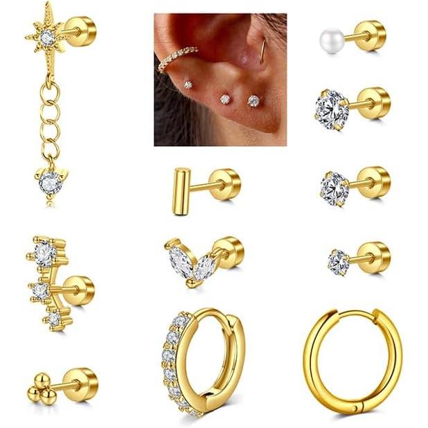 Silver Gold Cartilage Earring for Women Hypoallergenic Flat Back Earrings Threadless Helix Earring Tragus Studs 6mm Cartilage Jewelry Flatback