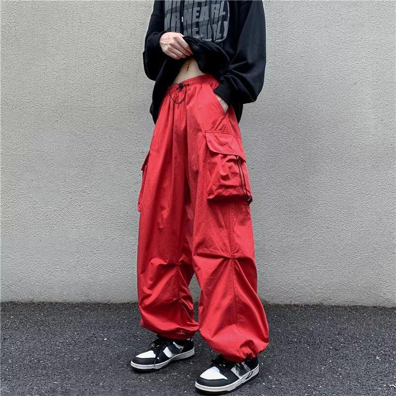 Pánské ležérní cargo kalhoty široké nohavice více kapes elastický pas stahovací šňůrka dlouhé kalhoty hip hop sportovní volné overaly kalhoty