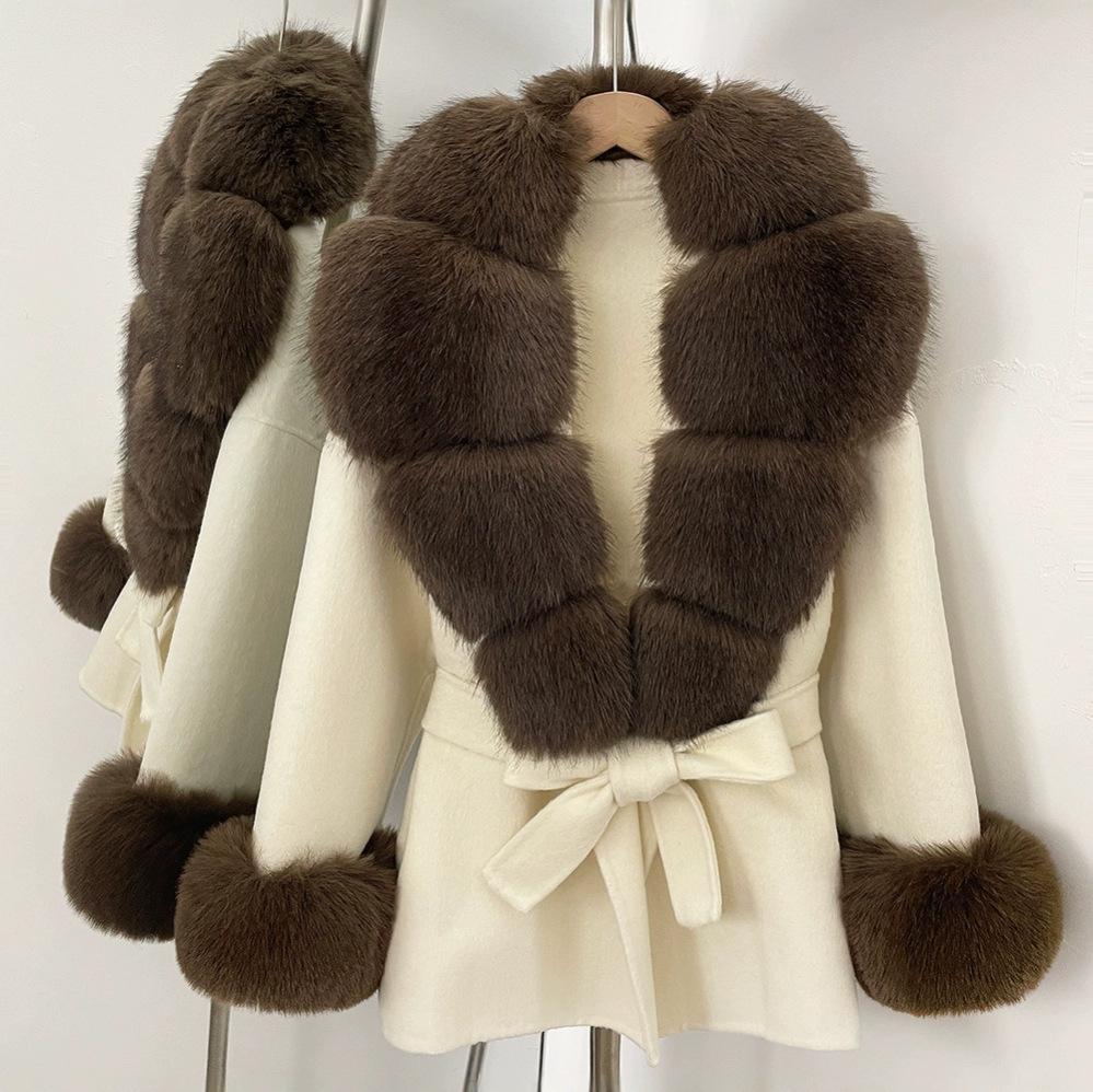 Imitation Fox Fur Lace Up Fashionable Double-sided Cashmere Coat 2026 Winter Warm Thicken High Quality Synthetic Fur Jacket