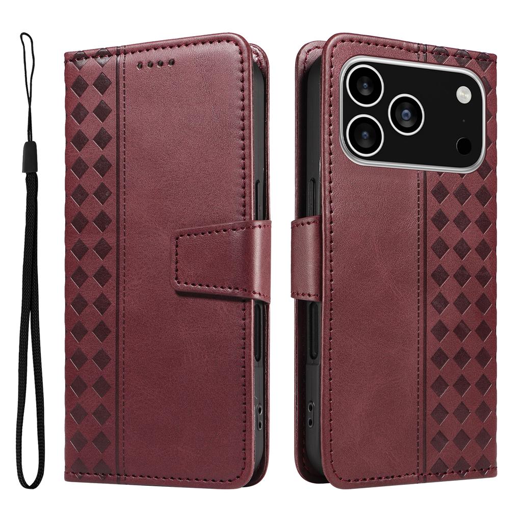 For iPhone 17 Pro Leather Case Wallet Stand Grids Imprinted Phone Cover with Strap