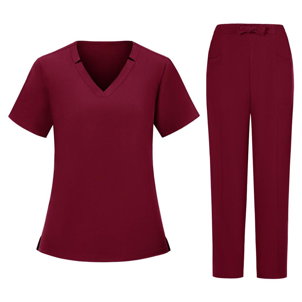 Women's Short Sleeved Color V Neck Pocket Top Pants Work Clothes Two Piece Set