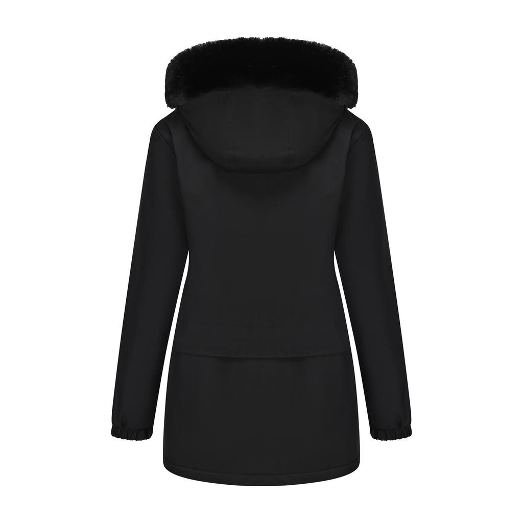 Women’s Parka Coats Faux Fur Hooded Fleece Lining Zipper Warm Cotton Jackets Mid-length Puff Outerwear Winter Clothes