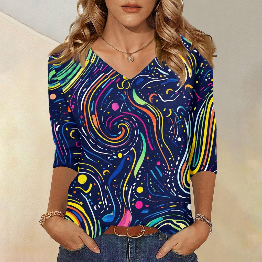 Women's Tops Three-quarter Sleeve Shirt V-neck Loose Casual Shirt Textured Printed T-shirt
