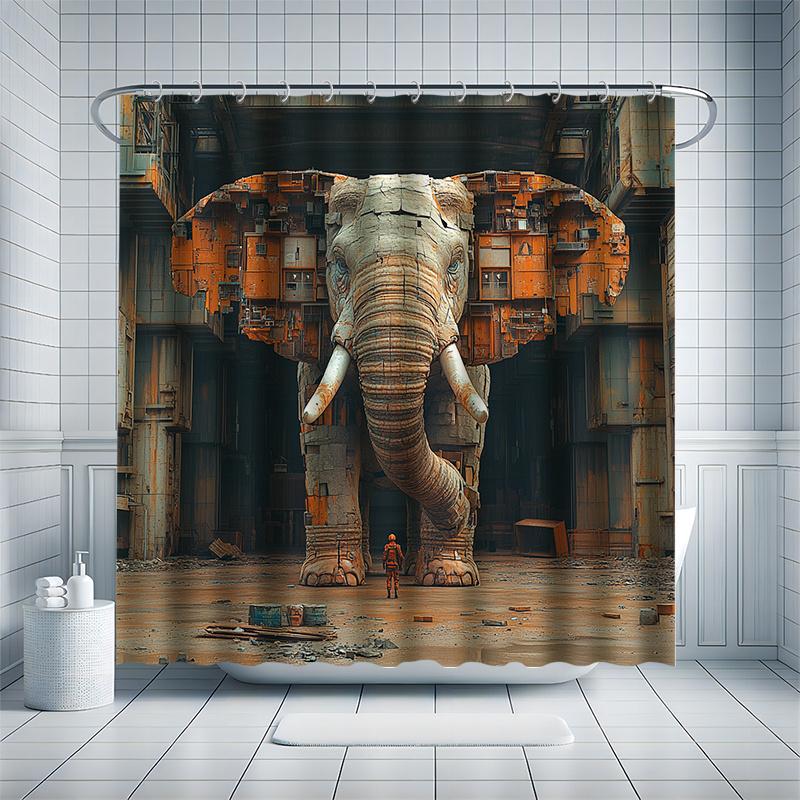 Rustic Elephant Bath Curtain Set, Abandoned Factory Theme, Water-Resistant Polyester, , All-Season Decor, Modern Home Bathroom