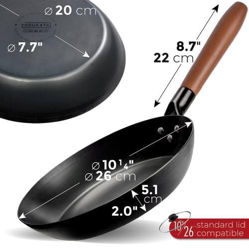 YOSUKATA 10 1/4-inch Carbon Steel Frying Pan ? Non-Toxic Pre-Seasoned Skillet with Removable Wooden Handle ? Coating-Free Wok-Style Pan for Gas, Induc