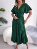 Women Cross V Neck Short Sleeve Solid High Waist Pleated Long Swing Dress