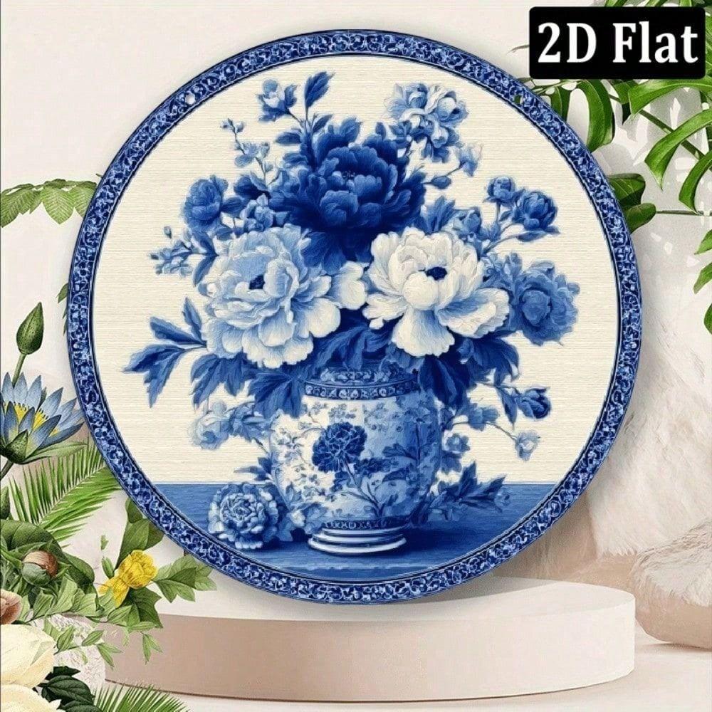 Vintage Round Metal Wall Art Sign with Blue Porcelain Floral Design