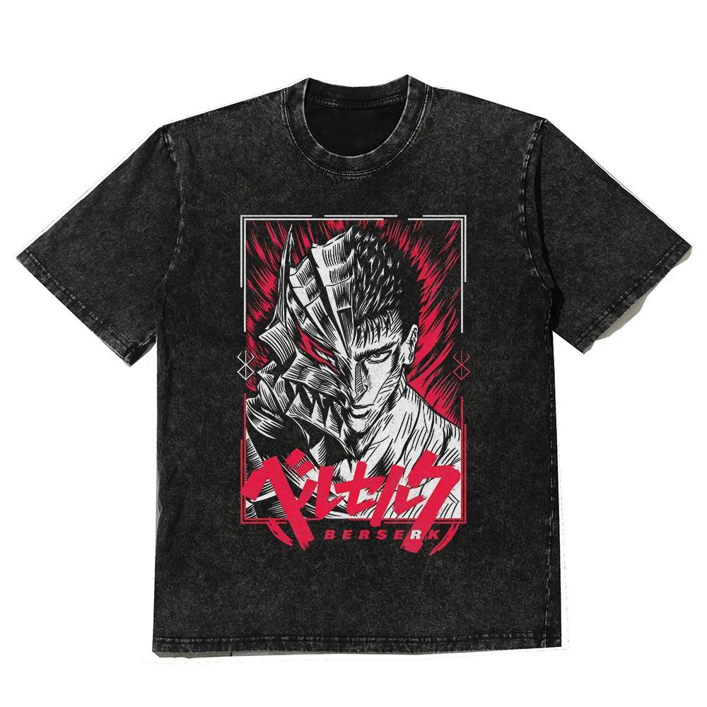 Men Anime Graphic Print T Shirts Washed Vintage Oversized Tshirt Harajuku Streetwear Cotton Loose Short Sleeve Tshirt Tees Tops