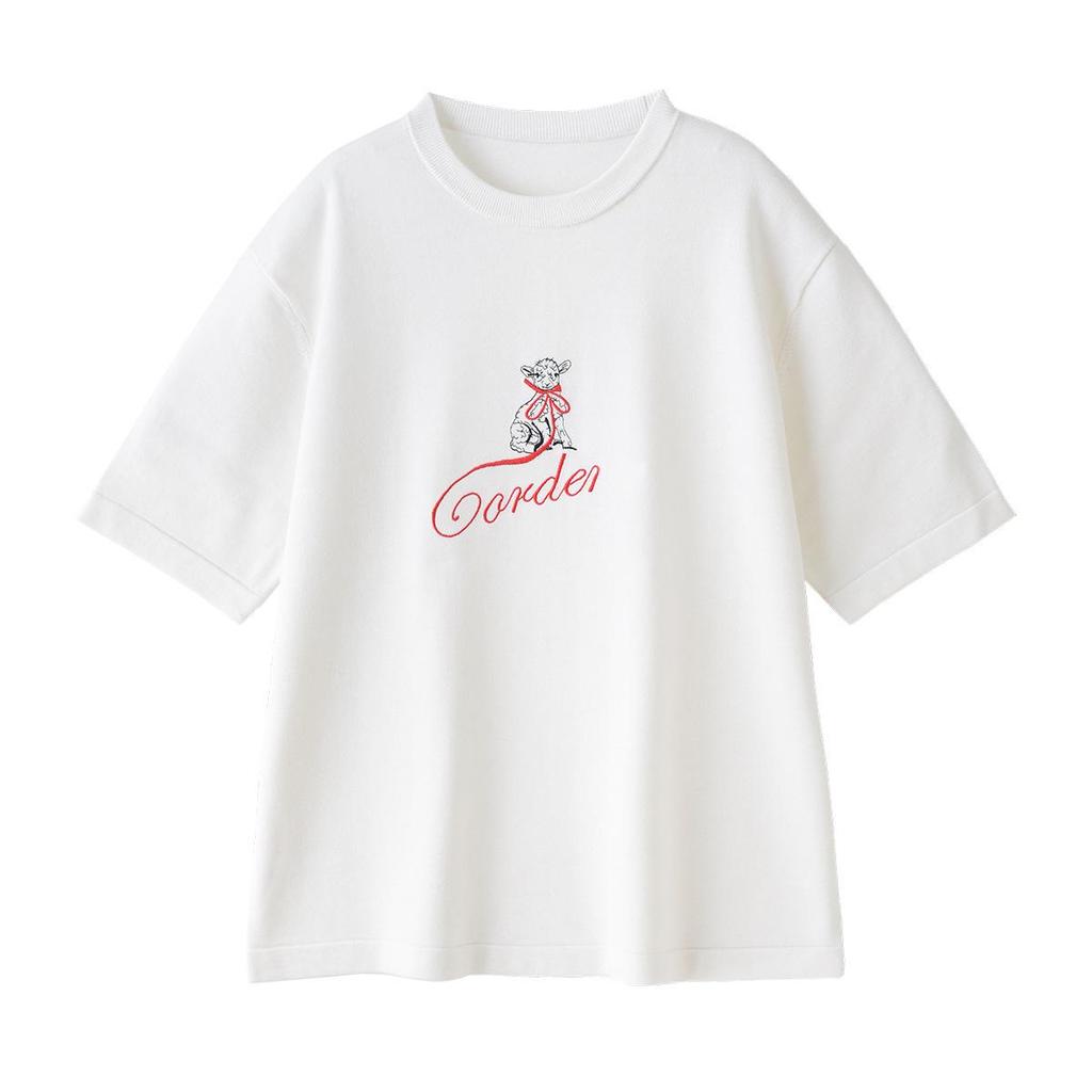 COR Women's White Embroidered Casual T-Shirt - Early Spring Loose Fit, Slim Short-Sleeved Knit with Lamb Design.