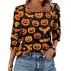Dámský módní ležérní top s kulatým výstřihem a sedmíčtvrtečním rukávem s halloweenským potiskem a balónovým rukávem