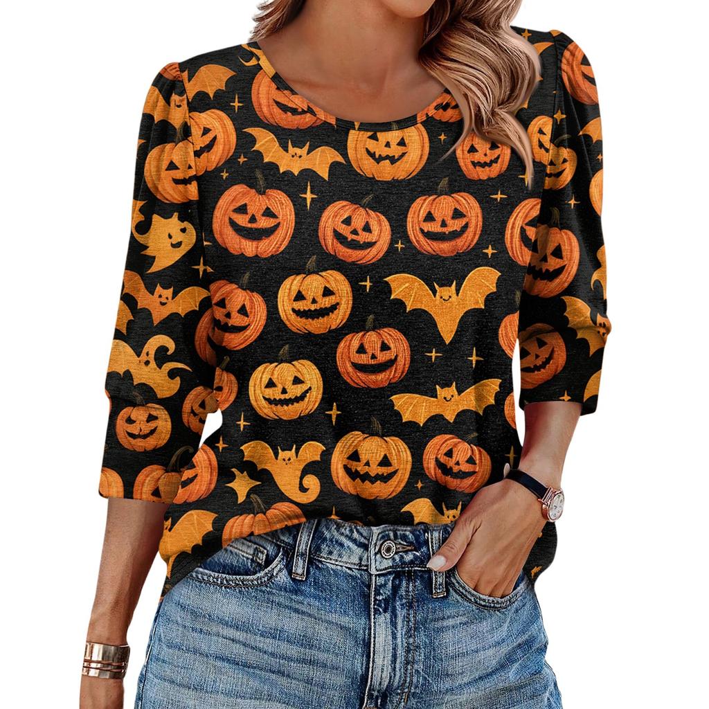 Dámský módní ležérní top s kulatým výstřihem a sedmíčtvrtečním rukávem s halloweenským potiskem a balónovým rukávem