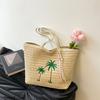 Summer Beach Straw Bag with Palm Tree Embroidery, Large Woven Tote for Women, Casual Shoulder Handbag for Vacati