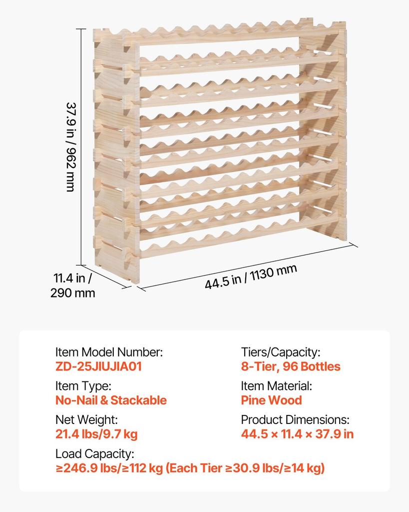 96 Bottle Stackable Modular Wine Rack, 8-Tier Wine Bottle Holder,Solid Wood Floor Freestanding Wine Storage Rack For Pinot Noir bottles,For Kitchen,
