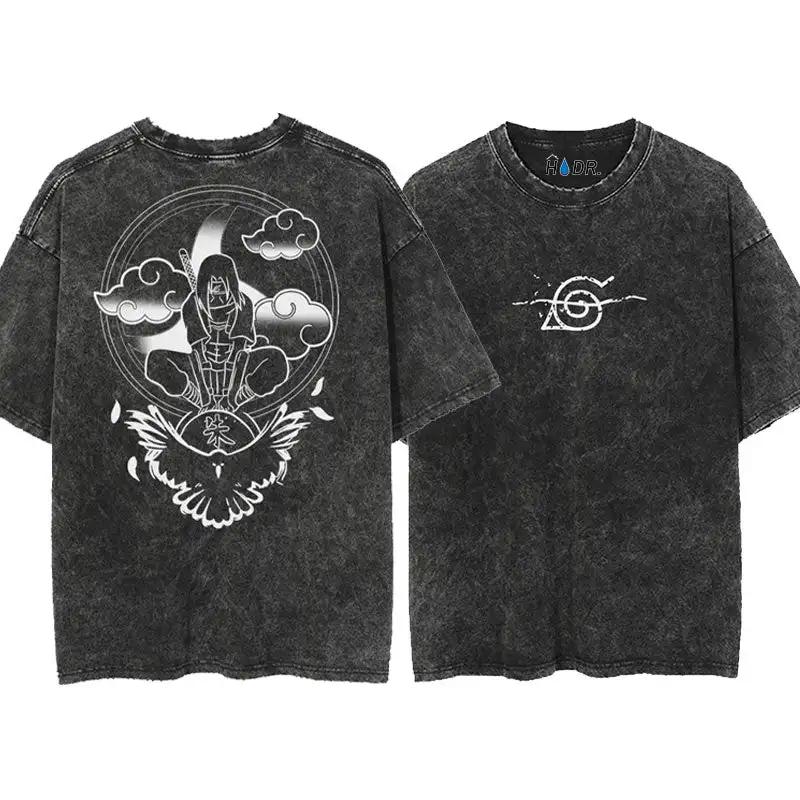 Harajuku Streetwear Washed TShirt Japanese Anime Naruto Tshirt Double Sided Cotton Tees Tops Men Short Sleeve Vintage Tshirt