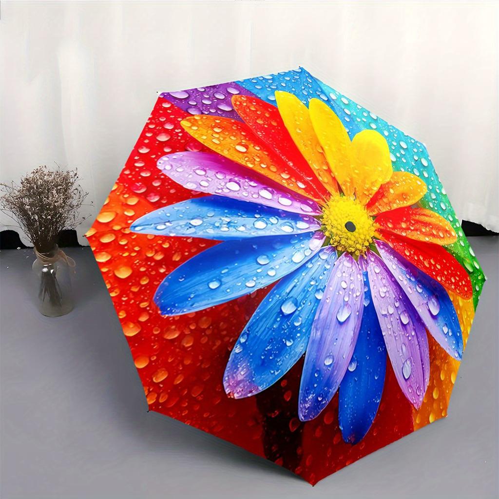 Automatic Folding Umbrella Colorful daisy with water droplets. Portable collapsible design, casual outdoor accessory, Christma