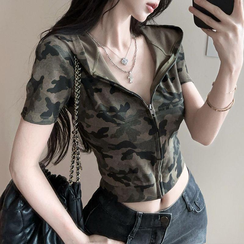 Women's American Hot Girl Camouflage Hooded Short-Sleeve T-Shirt & High-Waisted Cropped Zip-Up Cardigan Set