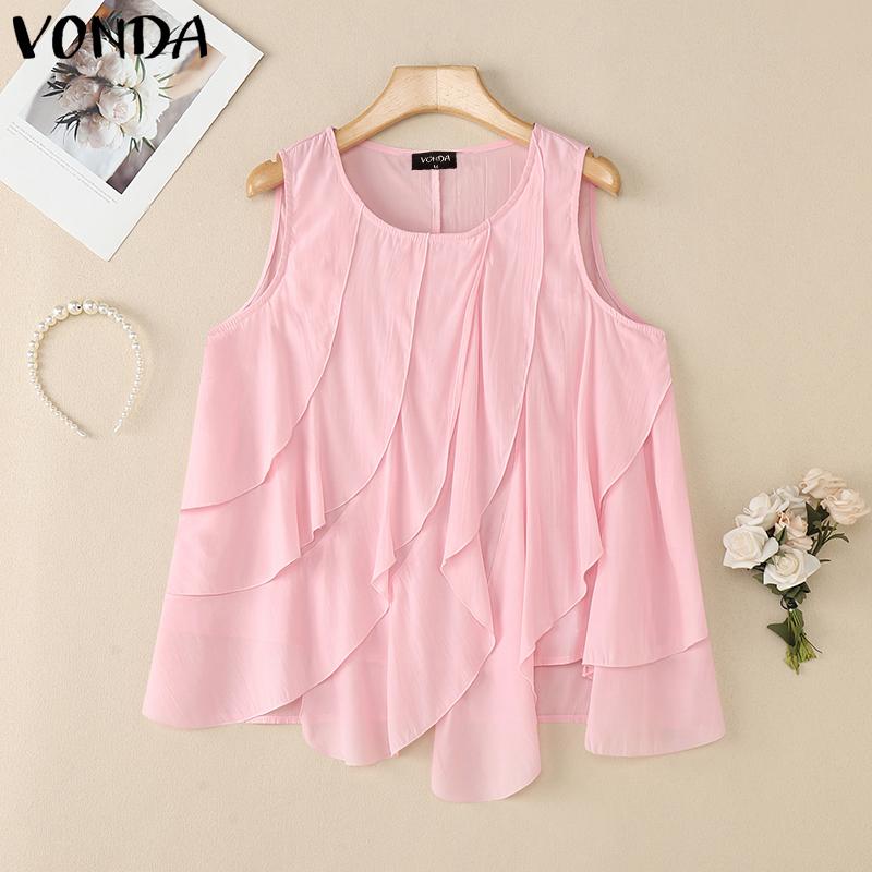 

VONDA Summer Women O Neck Sleeveless Layers Pleated Casual Tank Tops S